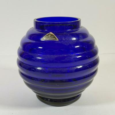 LOT 132L: Old Morgantown Beehive Cobalt Vase, Blue & White Rainbow Hand Blown Glass Vase & Green Tall Vase