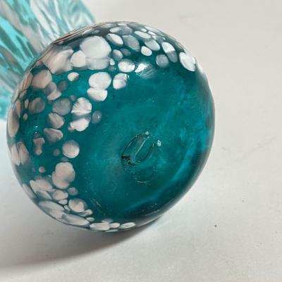 LOT 132L: Old Morgantown Beehive Cobalt Vase, Blue & White Rainbow Hand Blown Glass Vase & Green Tall Vase