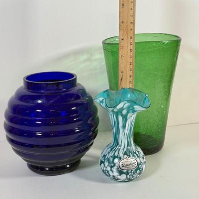 LOT 132L: Old Morgantown Beehive Cobalt Vase, Blue & White Rainbow Hand Blown Glass Vase & Green Tall Vase