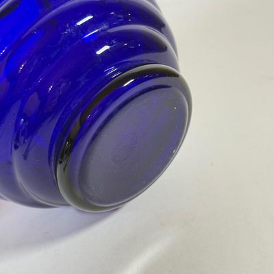 LOT 132L: Old Morgantown Beehive Cobalt Vase, Blue & White Rainbow Hand Blown Glass Vase & Green Tall Vase