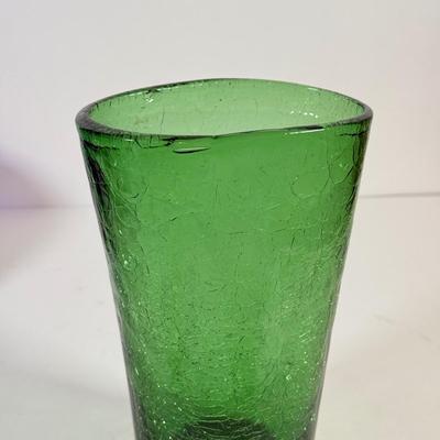 LOT 132L: Old Morgantown Beehive Cobalt Vase, Blue & White Rainbow Hand Blown Glass Vase & Green Tall Vase