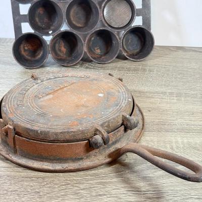 LOT 134L: Vintage Cast Iron Muffin Pan & Waffle Maker
