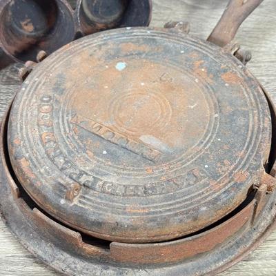 LOT 134L: Vintage Cast Iron Muffin Pan & Waffle Maker
