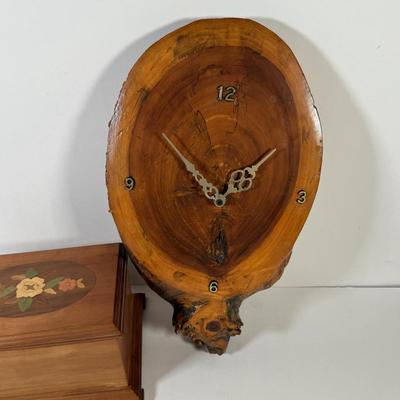 LOT 139L: Cornwall Wood Products Duck Head Wall Decor, Hand Made Wood Music Box & Raw Wood Clock