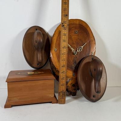LOT 139L: Cornwall Wood Products Duck Head Wall Decor, Hand Made Wood Music Box & Raw Wood Clock