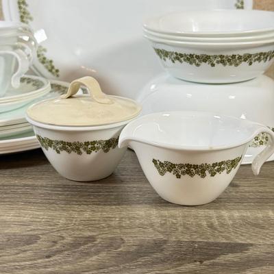 LOT 140K: Vintage Corelle by Corning Spring Flower Dishes w/ Matching Milk Glass Pyrex Mugs