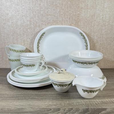 LOT 140K: Vintage Corelle by Corning Spring Flower Dishes w/ Matching Milk Glass Pyrex Mugs