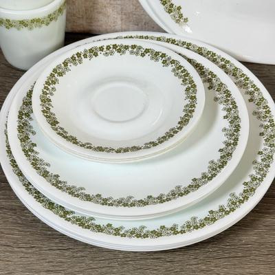 LOT 140K: Vintage Corelle by Corning Spring Flower Dishes w/ Matching Milk Glass Pyrex Mugs
