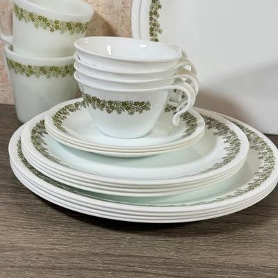 LOT 140K: Vintage Corelle by Corning Spring Flower Dishes w/ Matching Milk Glass Pyrex Mugs