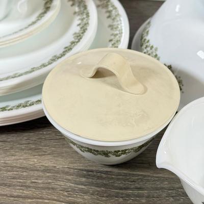 LOT 140K: Vintage Corelle by Corning Spring Flower Dishes w/ Matching Milk Glass Pyrex Mugs