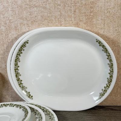 LOT 140K: Vintage Corelle by Corning Spring Flower Dishes w/ Matching Milk Glass Pyrex Mugs