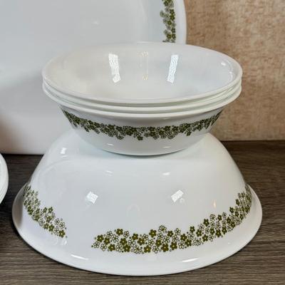 LOT 140K: Vintage Corelle by Corning Spring Flower Dishes w/ Matching Milk Glass Pyrex Mugs