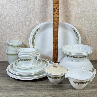 LOT 140K: Vintage Corelle by Corning Spring Flower Dishes w/ Matching Milk Glass Pyrex Mugs