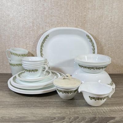 LOT 140K: Vintage Corelle by Corning Spring Flower Dishes w/ Matching Milk Glass Pyrex Mugs