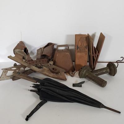 LOT 142L: Noisemakers, Musical Jump Rope Handles, Klitter Klatters, Antique Ice Skates & More