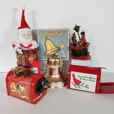 LOT 143L: Vintage Christmas Assortment; Musical Bell, Wooden Music Box & More