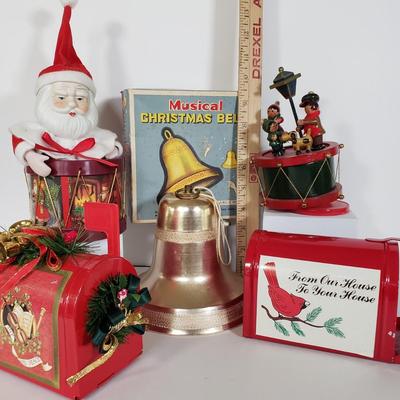 LOT 143L: Vintage Christmas Assortment; Musical Bell, Wooden Music Box & More