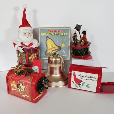 LOT 143L: Vintage Christmas Assortment; Musical Bell, Wooden Music Box & More