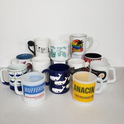 LOT 145P: Vintage Mug Collection; Milk Glass Advertising, Waechtersbach, Federal Glass & More