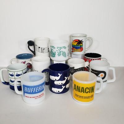 LOT 145P: Vintage Mug Collection; Milk Glass Advertising, Waechtersbach, Federal Glass & More