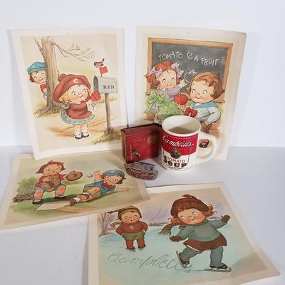 LOT 146L: Vintage Campbell's Soup Prints & Mug with Coca Cola Bottle Opener