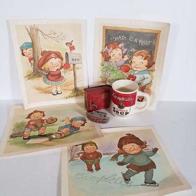 LOT 146L: Vintage Campbell's Soup Prints & Mug with Coca Cola Bottle Opener