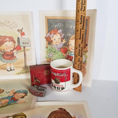 LOT 146L: Vintage Campbell's Soup Prints & Mug with Coca Cola Bottle Opener