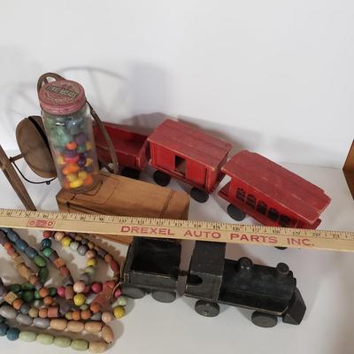 LOT 151L: Wooden Toy Collection; Tinker Beads, Trains, Puzzle Block & More