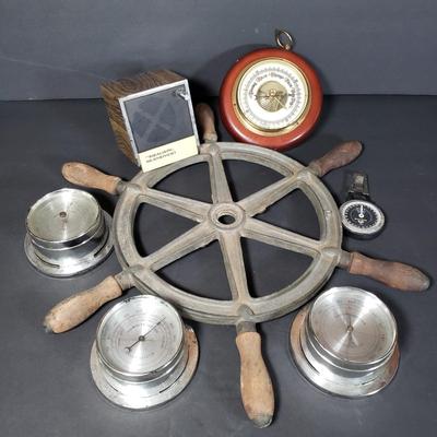 LOT 152P: Antique Metal Ships Wheel with Barometers and Weather Radio