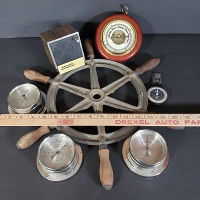 LOT 152P: Antique Metal Ships Wheel with Barometers and Weather Radio