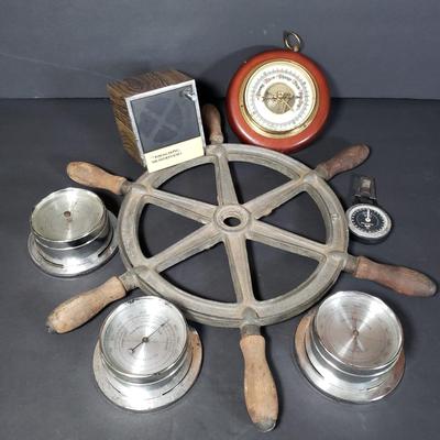 LOT 152P: Antique Metal Ships Wheel with Barometers and Weather Radio