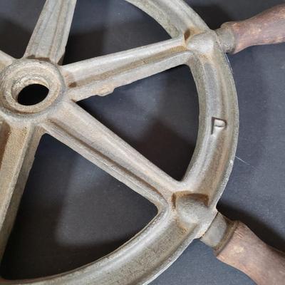 LOT 152P: Antique Metal Ships Wheel with Barometers and Weather Radio
