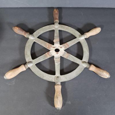 LOT 152P: Antique Metal Ships Wheel with Barometers and Weather Radio