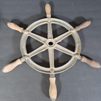 LOT 152P: Antique Metal Ships Wheel with Barometers and Weather Radio