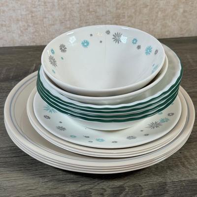 LOT 161K: MCM Snowflake Dishes w/ Corelle Plates & Bowls