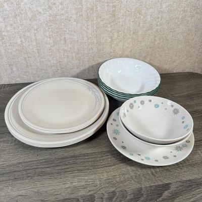 LOT 161K: MCM Snowflake Dishes w/ Corelle Plates & Bowls