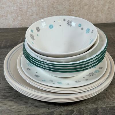 LOT 161K: MCM Snowflake Dishes w/ Corelle Plates & Bowls