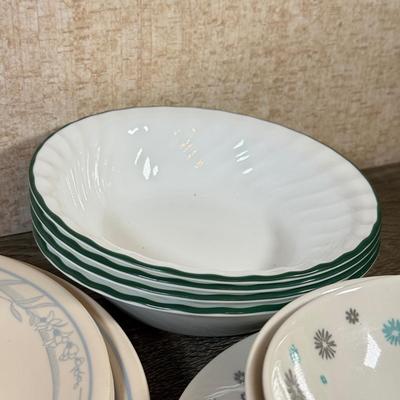 LOT 161K: MCM Snowflake Dishes w/ Corelle Plates & Bowls