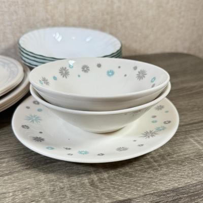 LOT 161K: MCM Snowflake Dishes w/ Corelle Plates & Bowls