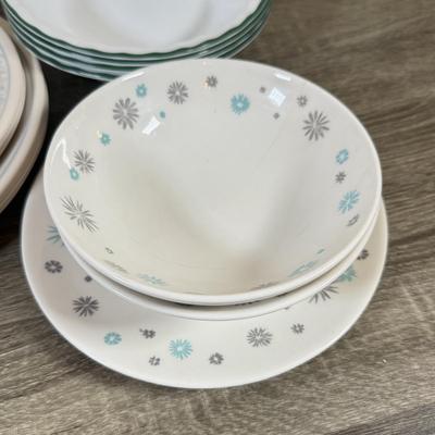 LOT 161K: MCM Snowflake Dishes w/ Corelle Plates & Bowls