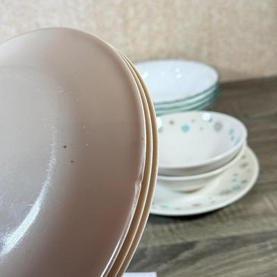 LOT 161K: MCM Snowflake Dishes w/ Corelle Plates & Bowls