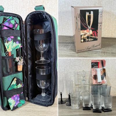 LOT 163L: NIP Champagne Glasses, Variety of Glassware & Ready to Go Wine Picnic Set