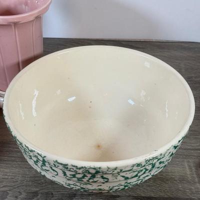 LOT 165L: Pottery Collection: Pink Vase, Double Handle Vase, Stoneware Bowls & Flower Frogs