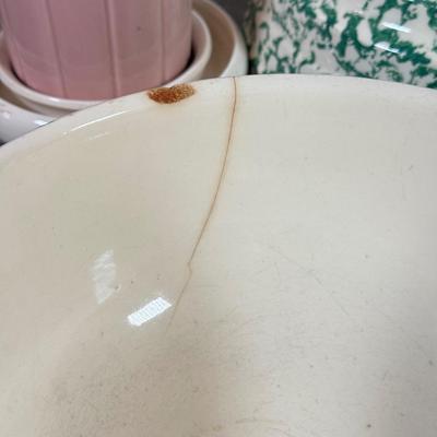 LOT 165L: Pottery Collection: Pink Vase, Double Handle Vase, Stoneware Bowls & Flower Frogs