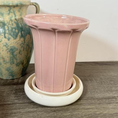 LOT 165L: Pottery Collection: Pink Vase, Double Handle Vase, Stoneware Bowls & Flower Frogs