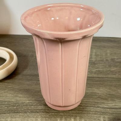 LOT 165L: Pottery Collection: Pink Vase, Double Handle Vase, Stoneware Bowls & Flower Frogs