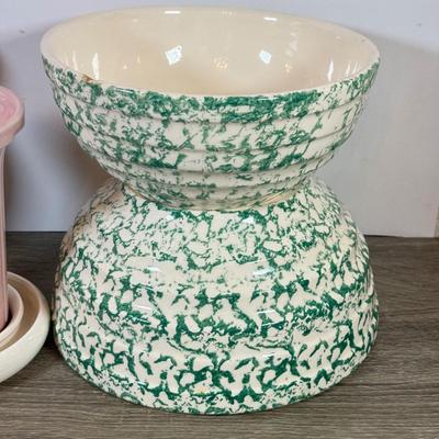 LOT 165L: Pottery Collection: Pink Vase, Double Handle Vase, Stoneware Bowls & Flower Frogs