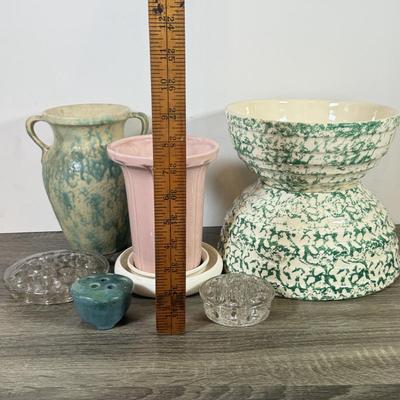 LOT 165L: Pottery Collection: Pink Vase, Double Handle Vase, Stoneware Bowls & Flower Frogs