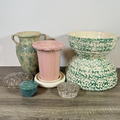 LOT 165L: Pottery Collection: Pink Vase, Double Handle Vase, Stoneware Bowls & Flower Frogs