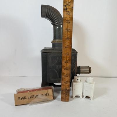 LOT 166K: Miniature Metal Coal Stove w/ Salt & Pepper Shakers and Magic Lantern Slides